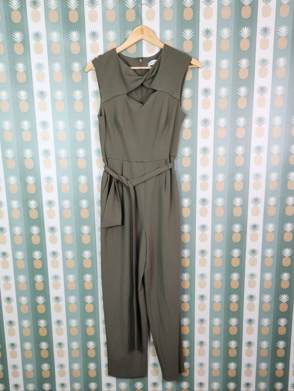 Calvin Klein Sleeveless Olive Green Jumpsuit with Tie Waist